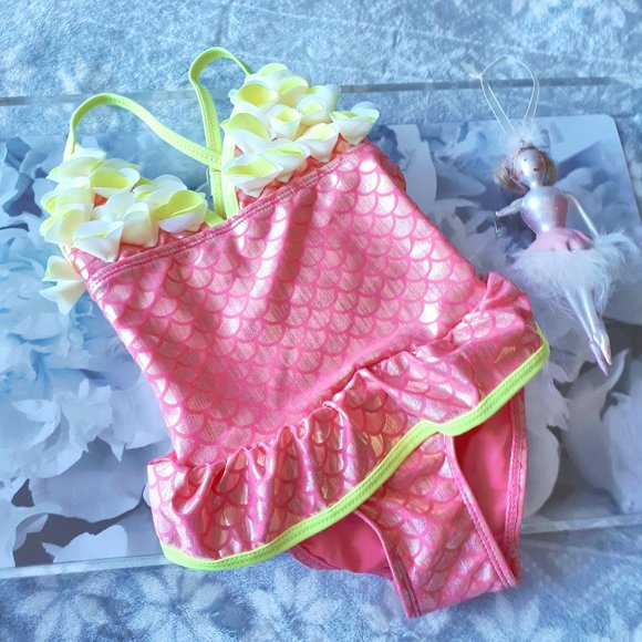 NWT Floatimini Mermaid Petal one piece yellow and pink swimsuit, 3T - Picture 2 of 6
